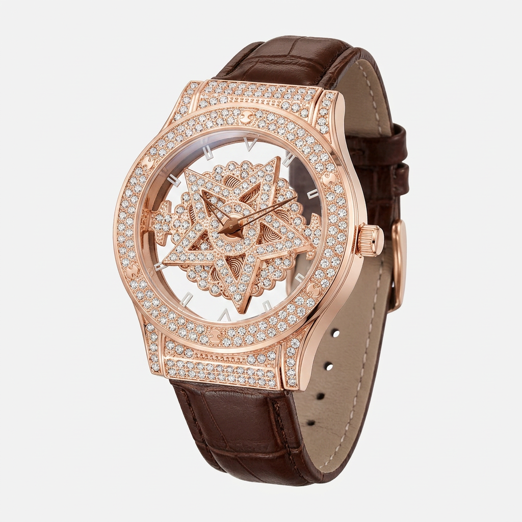 Luxury watch with rose gold case and brown leather strap on a light gray background