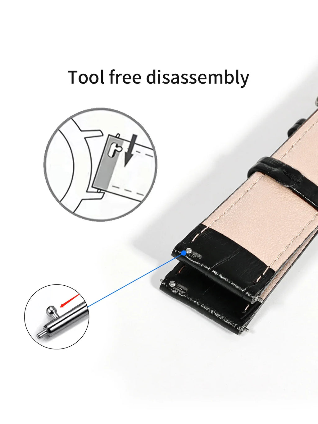 Watch strap with tool-free disassembly feature illustration on a white background