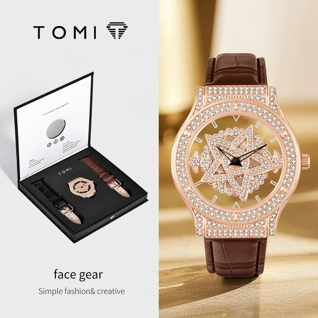 Luxury watch with brown leather strap and rose gold case, displayed with packaging on a light background.