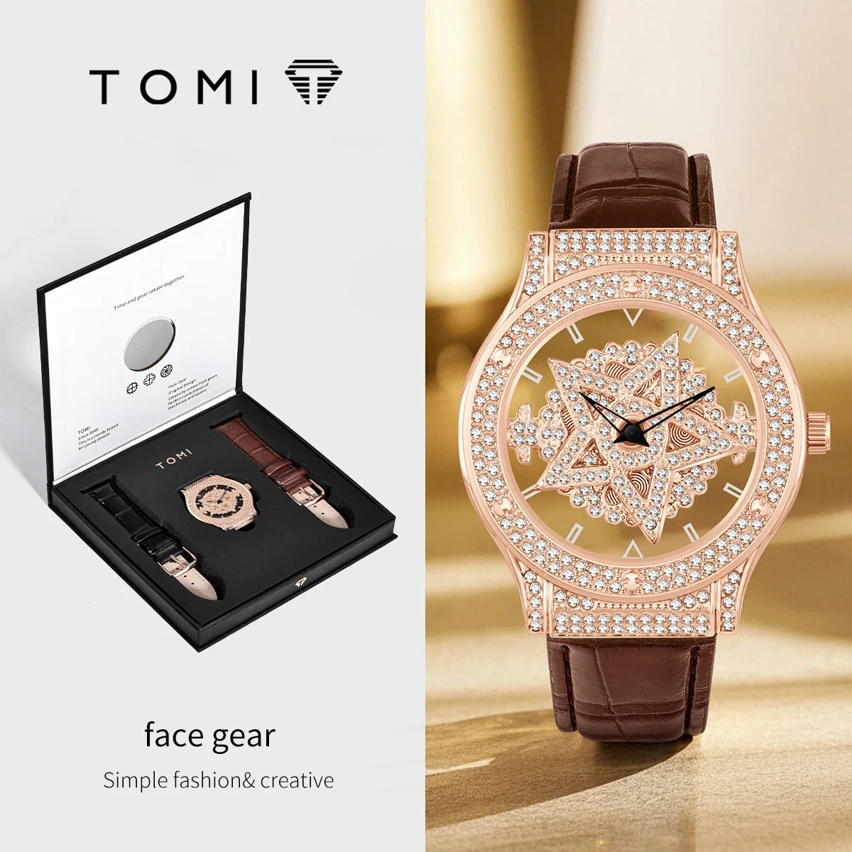Luxury watch with brown leather strap and rose gold case, displayed with packaging on a light background.
