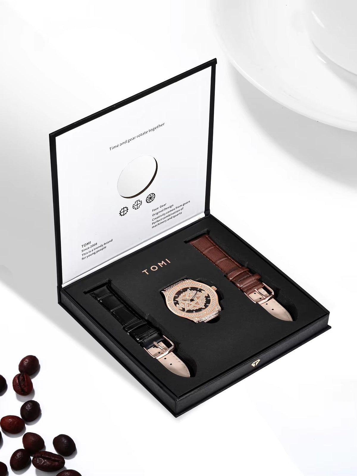 Watch set with two straps in a TOMI box on a white background